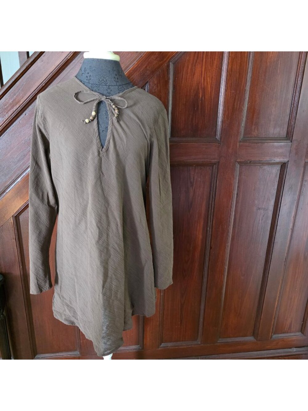 Eddie Bauer Brown Long Sleeve Tunic Top With Beaded Tie Detail L
